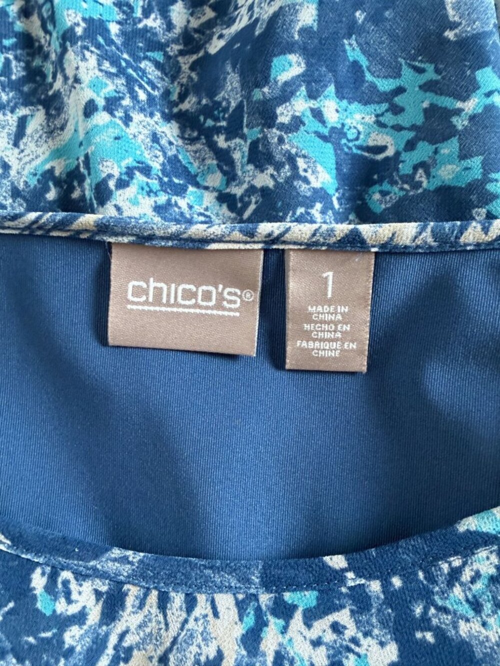 Chico's Blue Abstract Marbled Paint Splatter Print 3/4 Sleeve Tunic Blouse Sz 1 - Picture 4 of 10